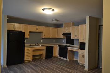 Flooring with wood-look finish throughout kitchen and living room